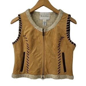 Telluride Clothing Co Tan Brown Sherpa Lined Faux Suede Full Zip Vest VTG Small